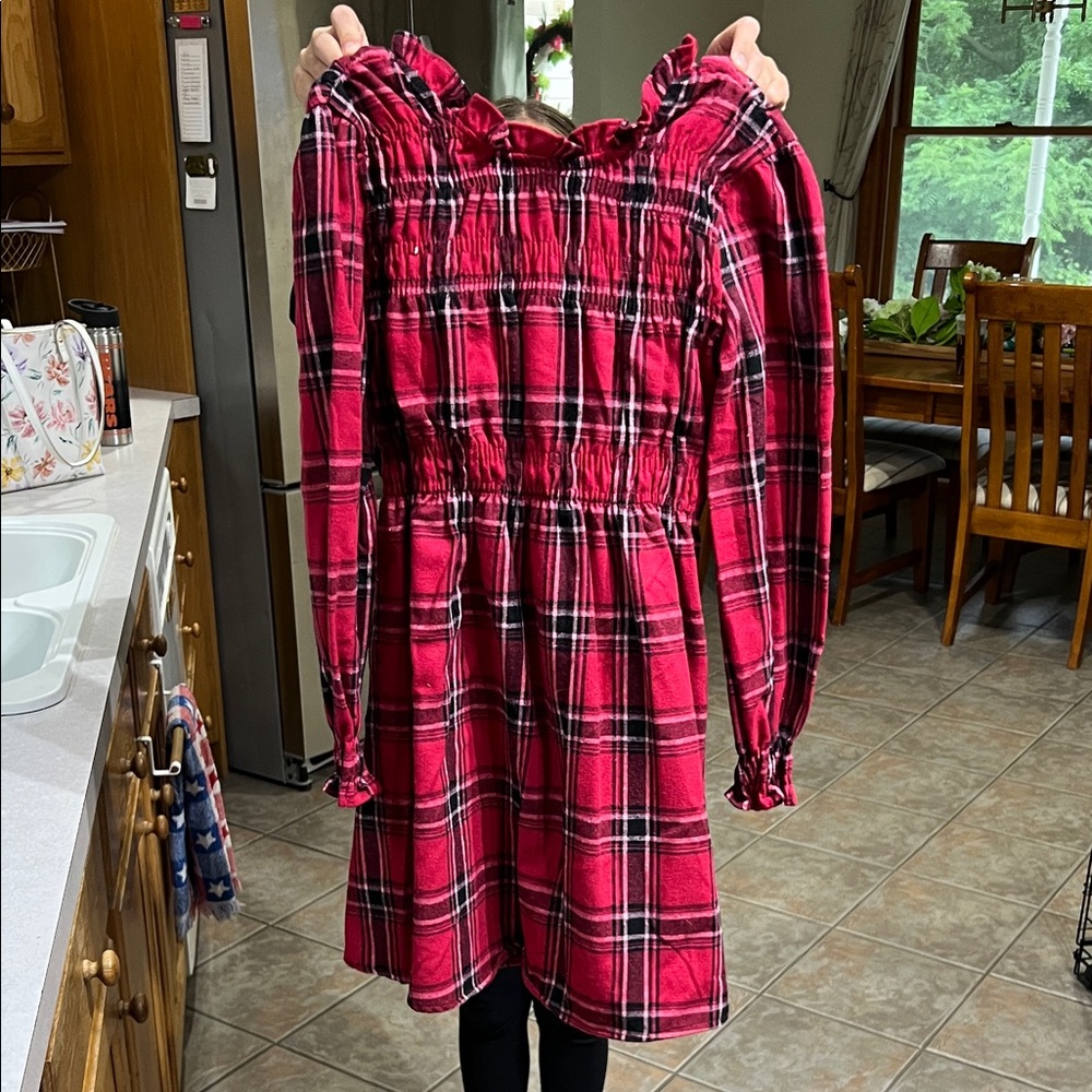 Girls Red Plaid Smocked-Waist Long Sleeve Dress